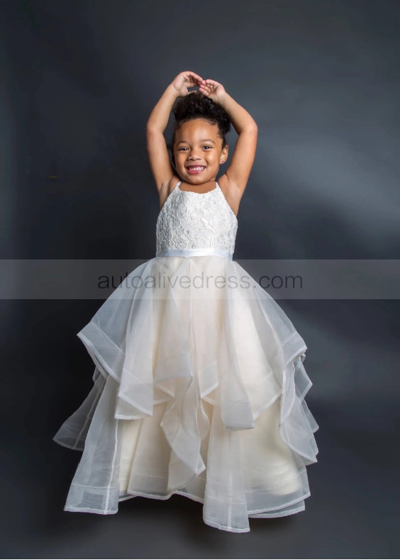 Spaghetti Straps Ivory Lace Organza Ruffled Flower Girl Dress